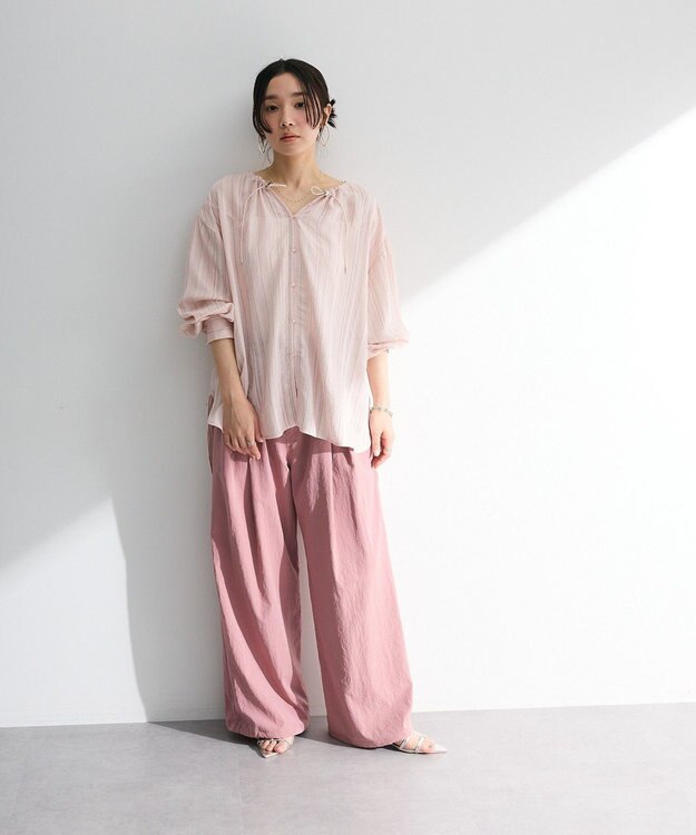 Green Parks ドロストネックシアーストライプチュニック Pink