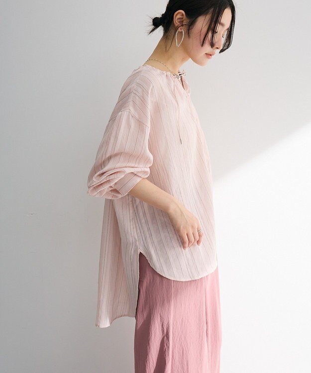 Green Parks ドロストネックシアーストライプチュニック Pink