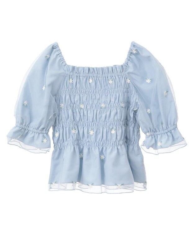 earth music&ecology フラワー刺繍シャーリングプルオーバー Sax