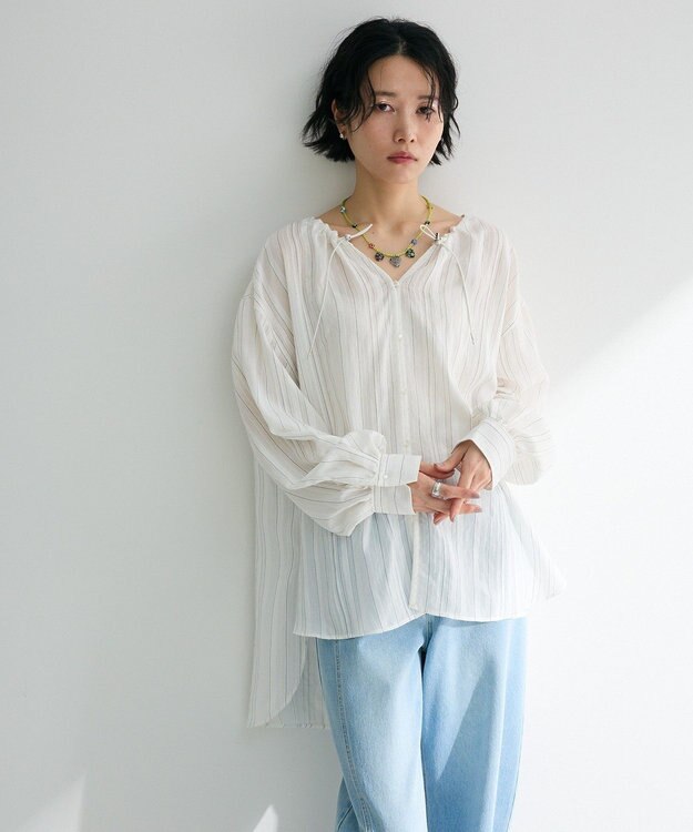 Green Parks ドロストネックシアーストライプチュニック Off White