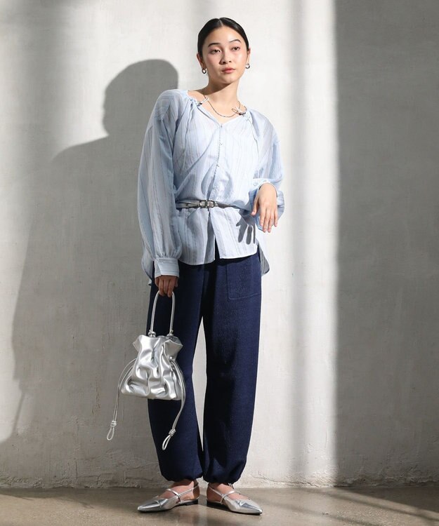 Green Parks ドロストネックシアーストライプチュニック Sax