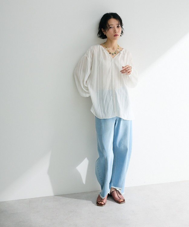 Green Parks ドロストネックシアーストライプチュニック Off White