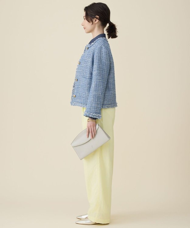 自由区 ファンシーノットツイードノーカラー ジャケット ブルー