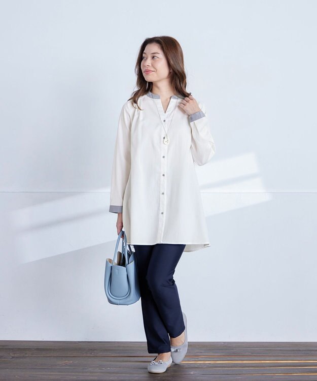 Tiaclasse 【洗える】クレリックシャツチュニックブラウス サックス×オフホワイト
