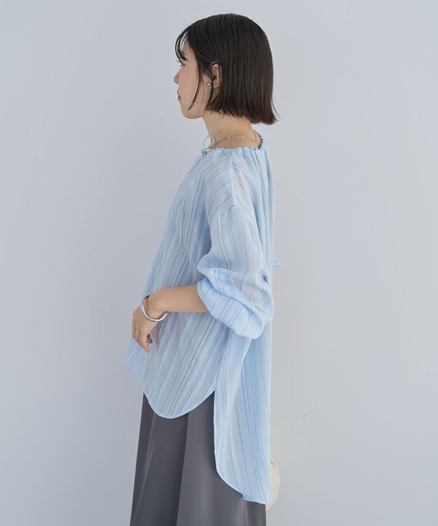 Green Parks ドロストネックシアーストライプチュニック Sax