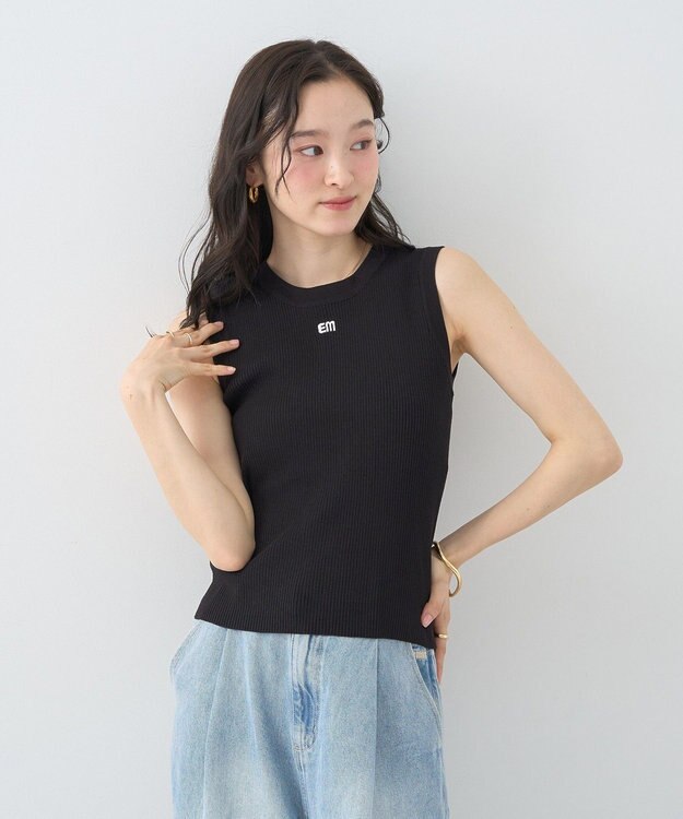 earth music&ecology ロゴ刺繍ノースリーブニットプルオーバー Black