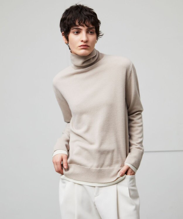 BEIGE， 【洗える】POMPE / ウールカシミヤタートルネックニット Taupe×Ecru