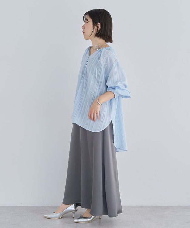 Green Parks ドロストネックシアーストライプチュニック Sax