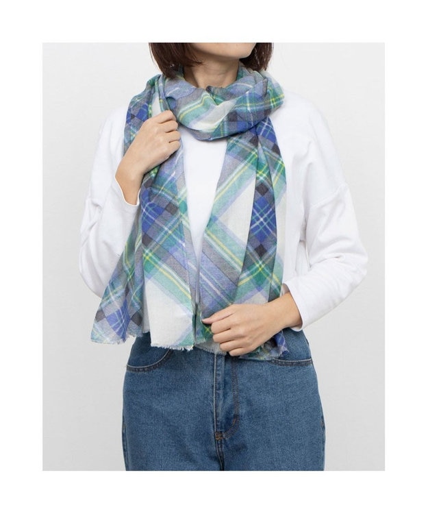 UNBILLION カシュネ cache nez / シルク×ウールチェック柄プリントストール ブルー