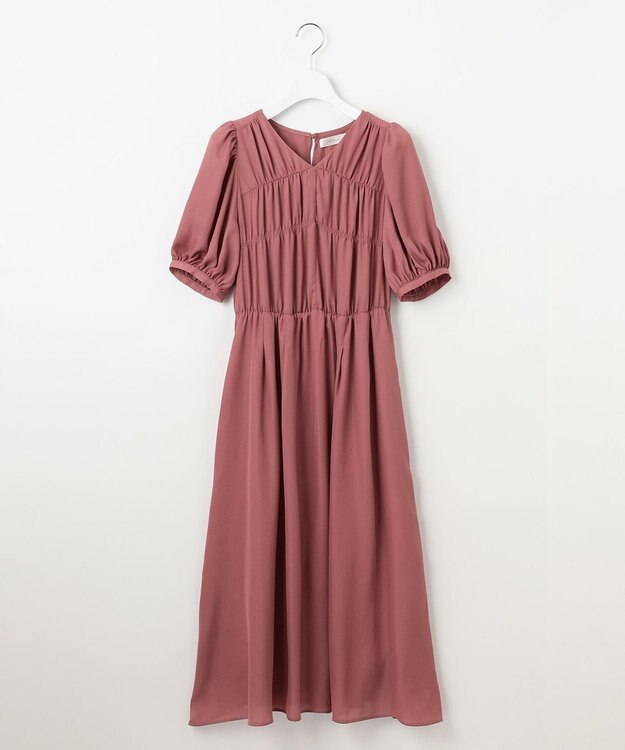 Feroux 【洗える】ギャザーデザインパフスリーブワンピース ピンク系