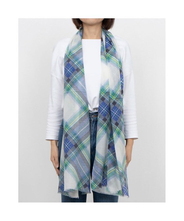 UNBILLION カシュネ cache nez / シルク×ウールチェック柄プリントストール ブルー