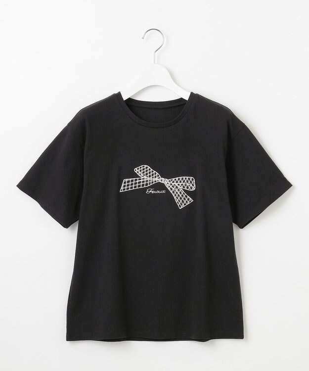Feroux 【洗える】リボン刺繍 Tシャツ ブラック系