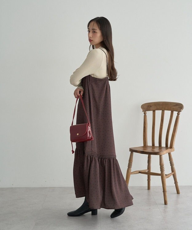 earth music&ecology アソートサテンキャミワンピース ドットブラウン