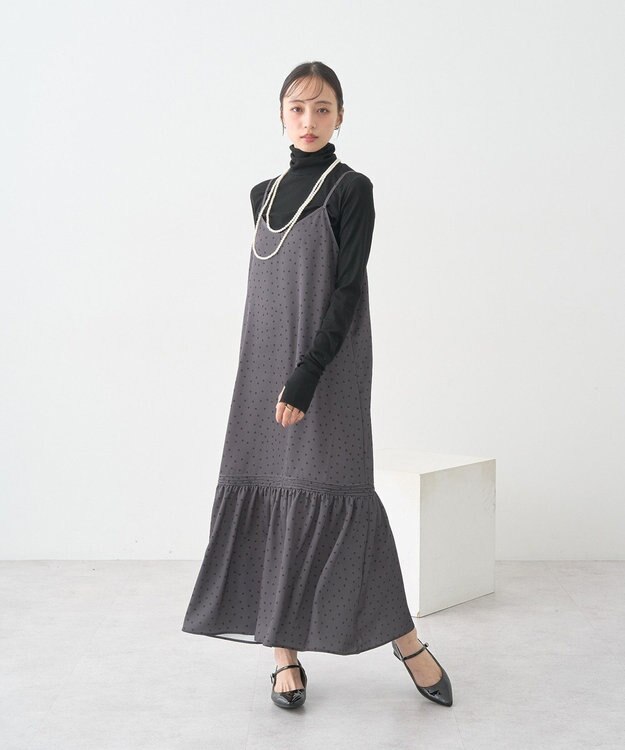 earth music&ecology アソートサテンキャミワンピース ドットグレー