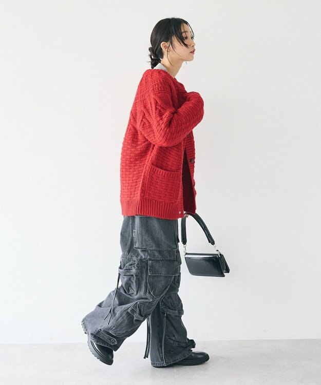 CRAFT STANDARD BOUTIQUE ざっくり柄Mixケーブルニットカーディガン Red