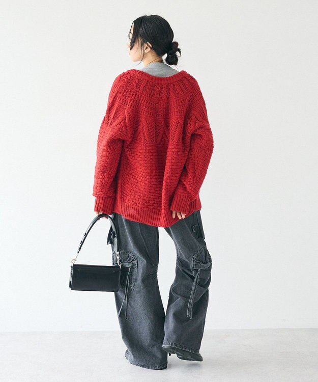 CRAFT STANDARD BOUTIQUE ざっくり柄Mixケーブルニットカーディガン Red