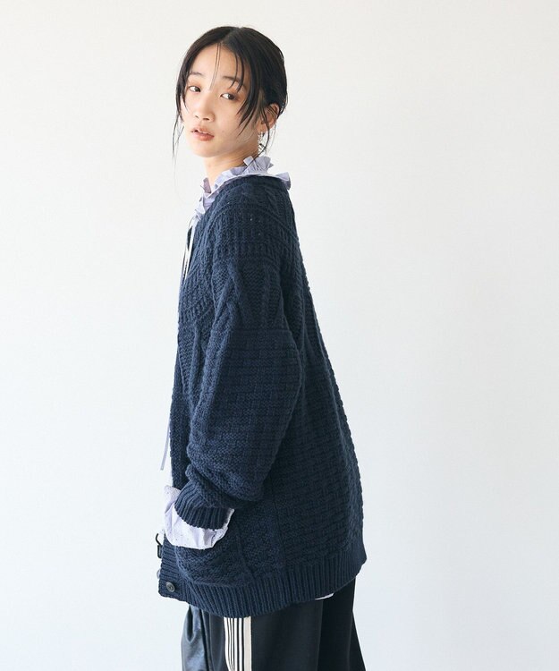 CRAFT STANDARD BOUTIQUE ざっくり柄Mixケーブルニットカーディガン Navy
