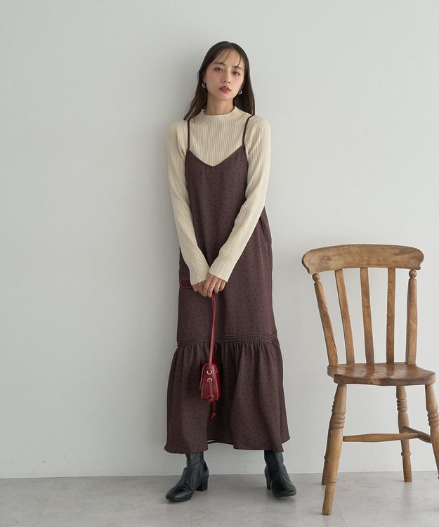 earth music&ecology アソートサテンキャミワンピース ドットブラウン