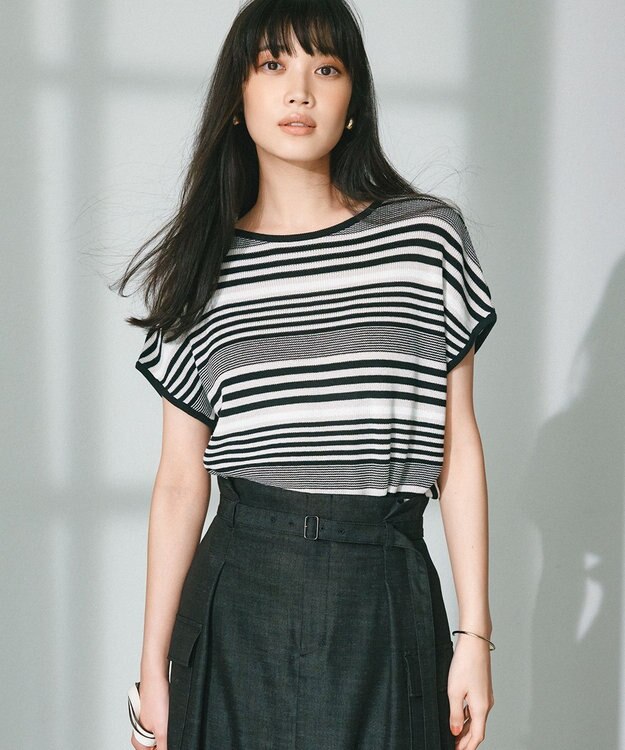 23区 S 【洗える】コットンアセテート バックボタン ニット ブラックボーダー