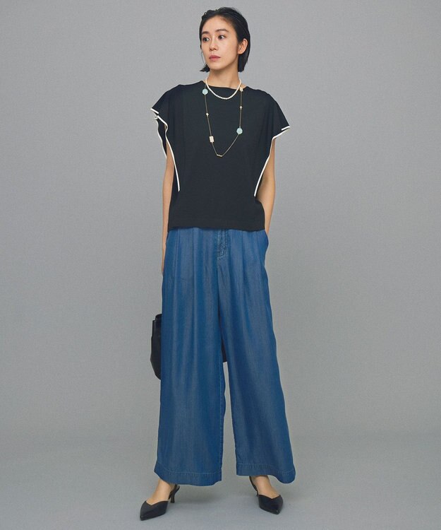 自由区 【カタログ掲載・接触冷感・UVカット・洗える】クレープストレッチフレアスリーブ ニット ブラック