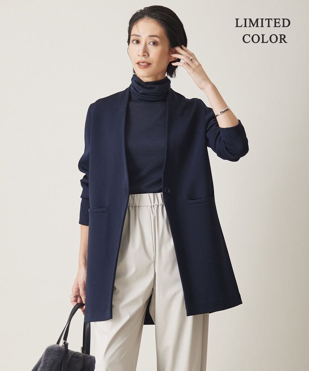 ICB 【洗える】シンセティックヤーンスムース ロングニットジャケット ネイビー系［WEB限定］