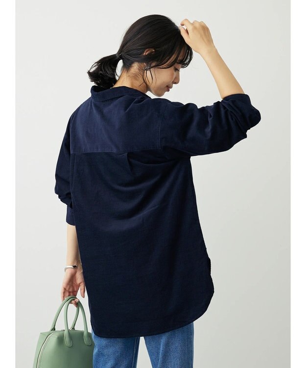 Green Parks 柔らかい細コールシャツ Navy