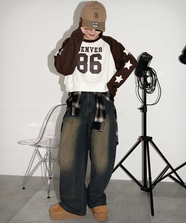 WEGO スターナンバリングラグランスウェット ブラウン