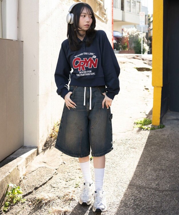 WEGO 襟付きグラフィックショートスウェット ネイビー