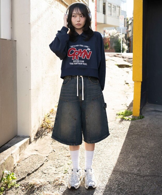 WEGO 襟付きグラフィックショートスウェット ネイビー