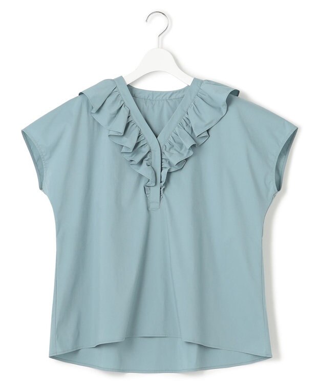 23区 L 【一部店舗限定/洗える】ハイカウントウェザーストレッチ フリル ブラウス ターコイズブルー系