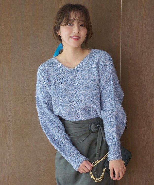 Feroux 【洗える】リボンヤーン プルオーバーニット ブルー系