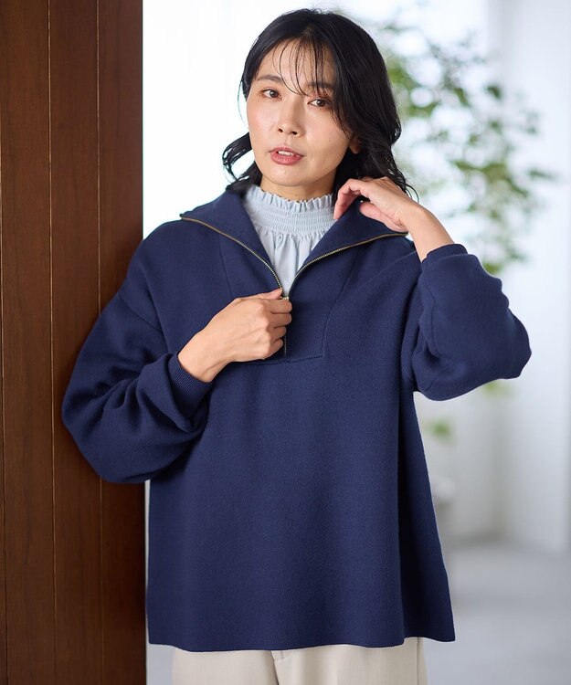 ANY スウェットライクハーフジップニット ブルー