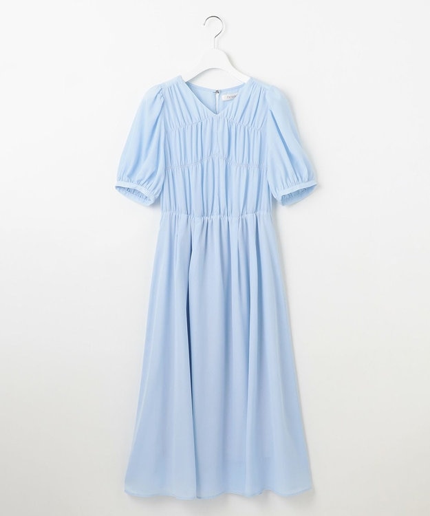 Feroux 【洗える】ギャザーデザインパフスリーブワンピース スカイブルー系