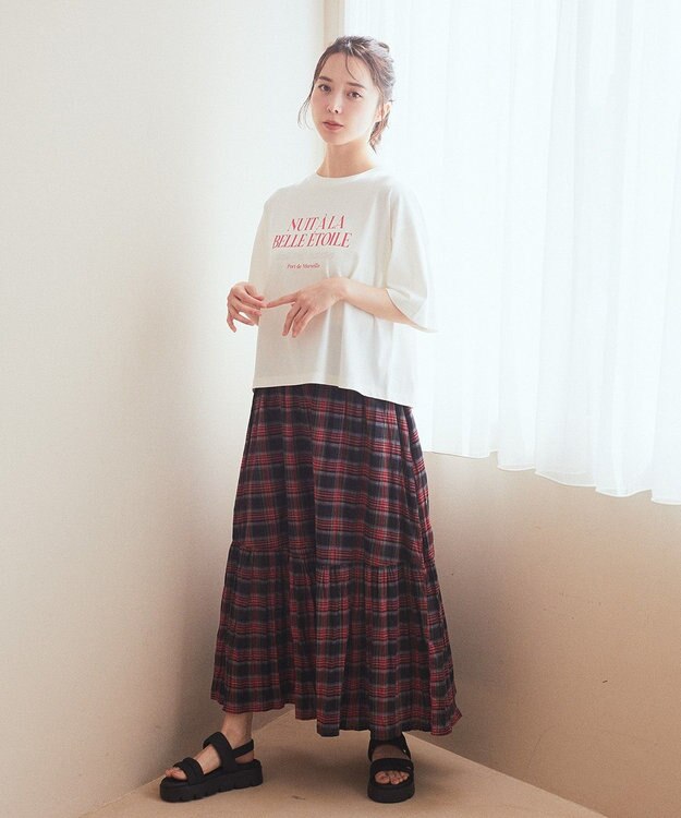 earth music&ecology クリンクルスカート Check Red