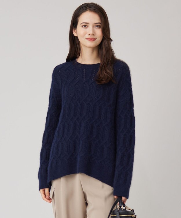 自由区 へアリーケーブル ニット ネイビー