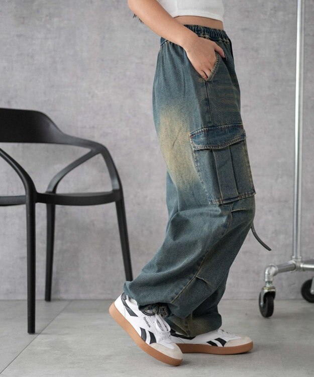 WEGO 【XS～Mサイズ展開/ウエストゴム 】デニムイージーパラシュートカーゴパンツ デニム中濃色