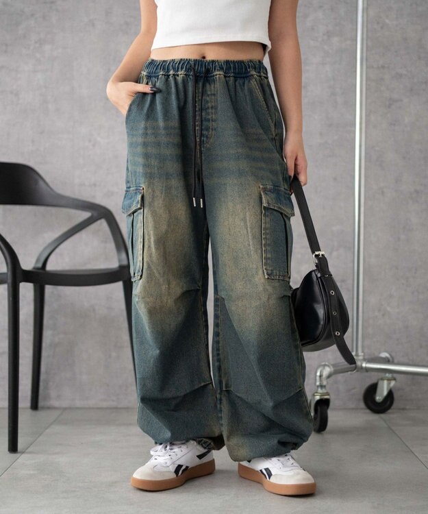 WEGO 【XS～Mサイズ展開/ウエストゴム 】デニムイージーパラシュートカーゴパンツ デニム中濃色