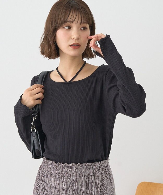 earth music&ecology チェーンリブホルターネックプルオーバー Black