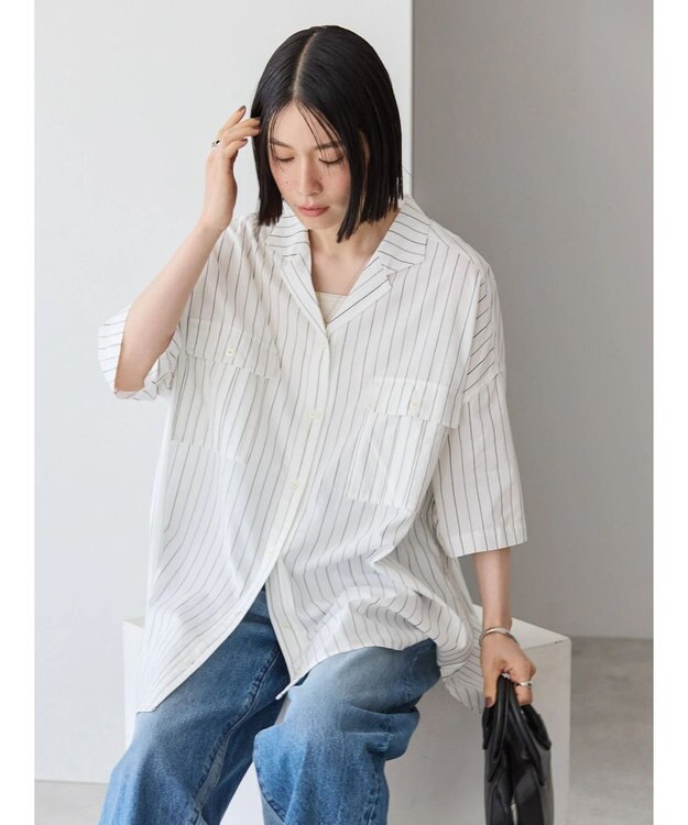 AMERICAN HOLIC 接触冷感＋ＵＶカットＷポケットＢＩＧシャツチュニック Stripe Ivory