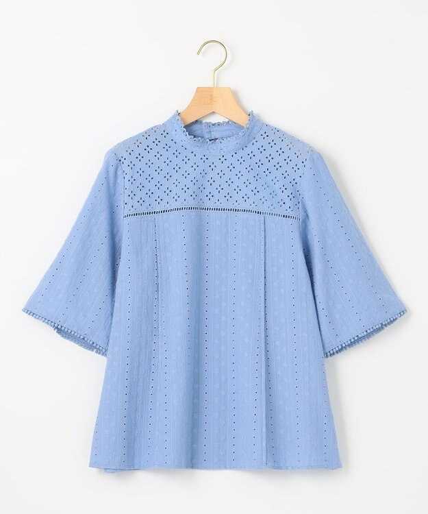 組曲 S 【WEB限定色あり】エンブロイダリーレース　ハイネック半袖ブラウス ふじ色系