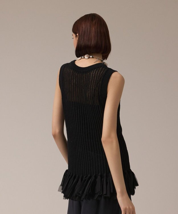 GRACE CONTINENTAL チュールフリンジニットトップ ブラック