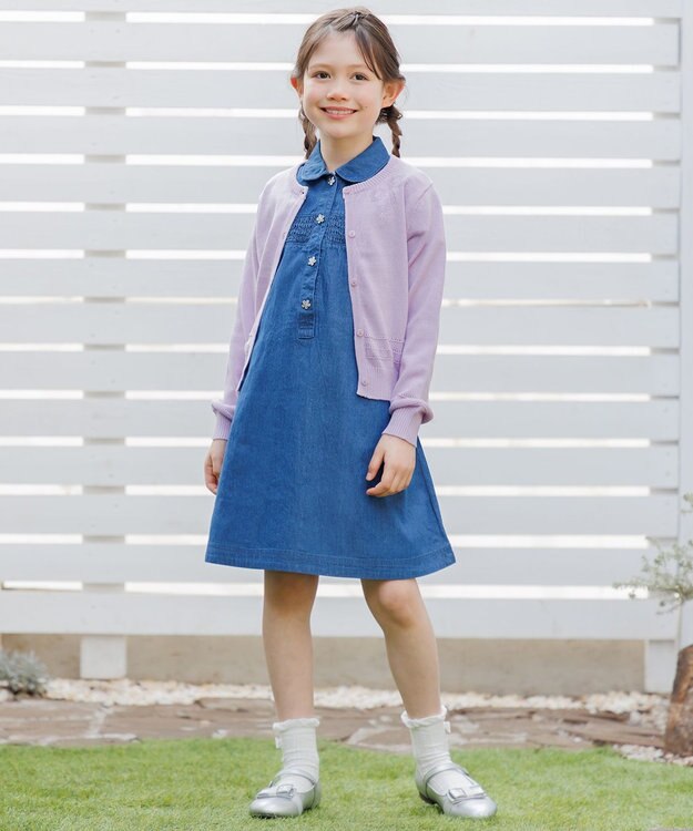 組曲 KIDS 【110-140㎝】 フラワーボタンデニムワンピース ネイビー