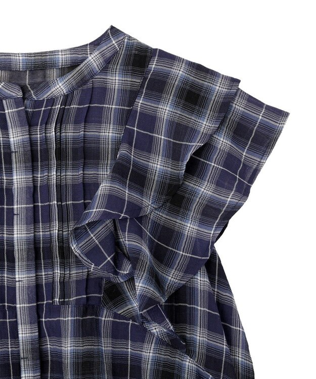 earth music&ecology チェックラッフルブラウス Navy