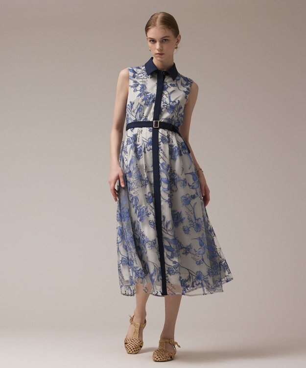 GRACE CONTINENTAL フラワー刺繍ボウタイドレス ブルー