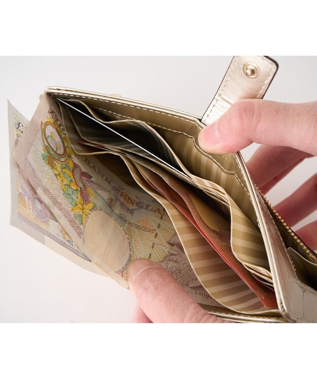 MIYABIYA La quoh with kirakaracho　南蛮七宝 エンボスレザー スリムウォレット 利休白茶金色(ゴールド)