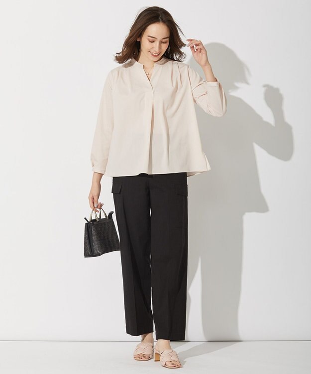 自由区 L 【洗える・ストレッチ素材】リネンヴィスコース ストレッチ カーゴパンツ ブラック系