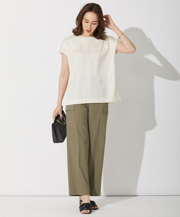 自由区 L 【洗える・ストレッチ素材】リネンヴィスコース ストレッチ カーゴパンツ カーキ系