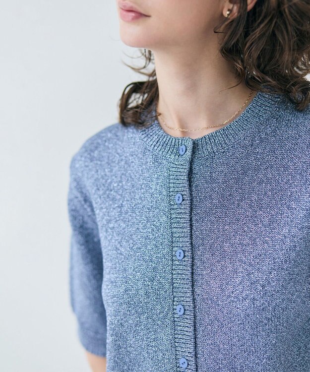 BEIGE， 【洗える】VANDA / ラメ入りクルーネック半袖カーディガン Sax