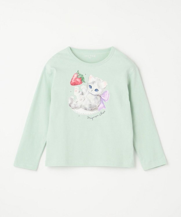 ANY KIDS アニマル×フルーツ 長袖 Tシャツ ライム×ネコ