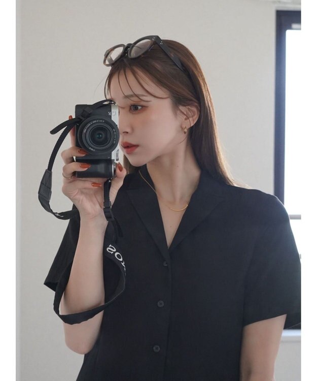 Green Parks ローウエスト切替開襟シャツワンピース Black